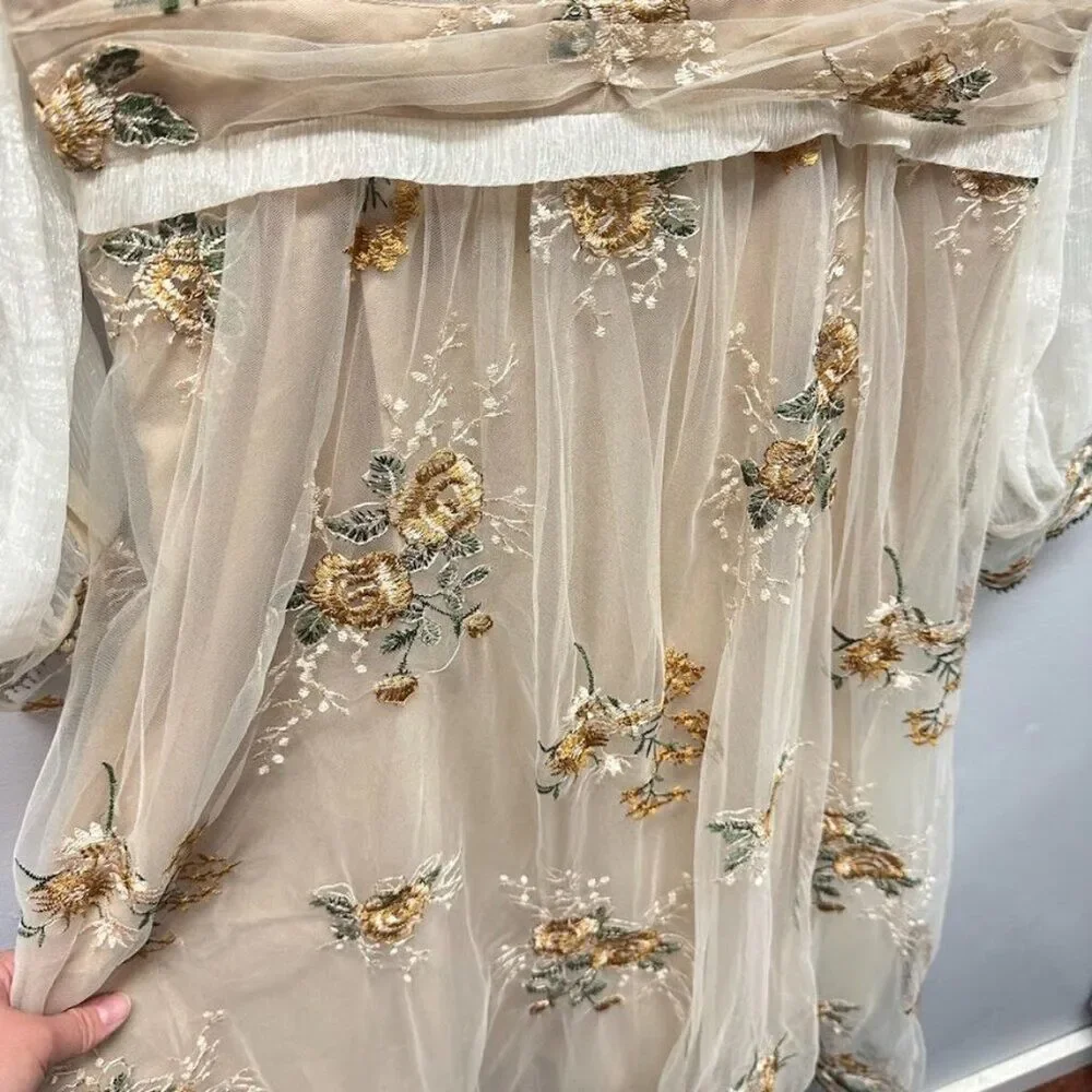 Maizishule Beige Floral Embroidered Midi Dress | Boho Sheer Long Sleeve Size L - Picture 9 of 16